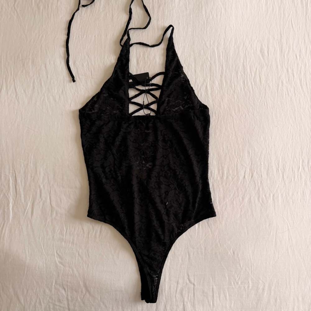 NWT Fashion Nova Black Lace-Up Bodysuit - Picture 5 of 5